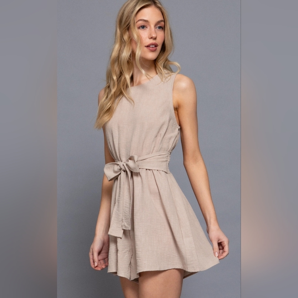 Active USA Sleeveless Tie-Waist Romper in Taupe